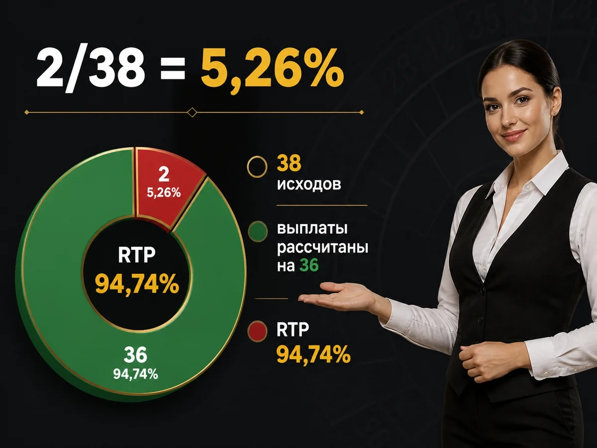 38 исходов, выплаты рассчитаны на 36. RTP 94,74% — 2/38 = 5,26%