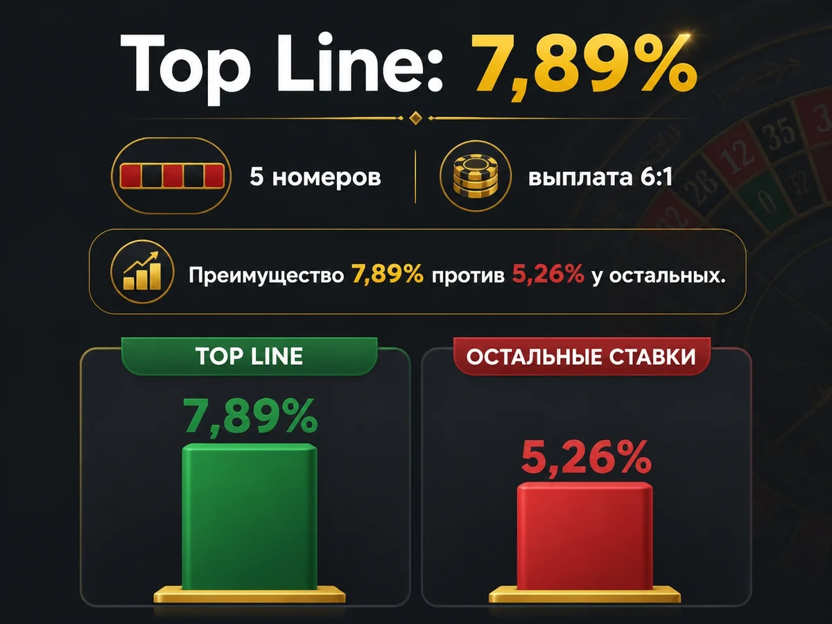 7,89%: 5 номеров, выплата 6:1. Преимущество 7,89% против 5,26% у остальных — top Line