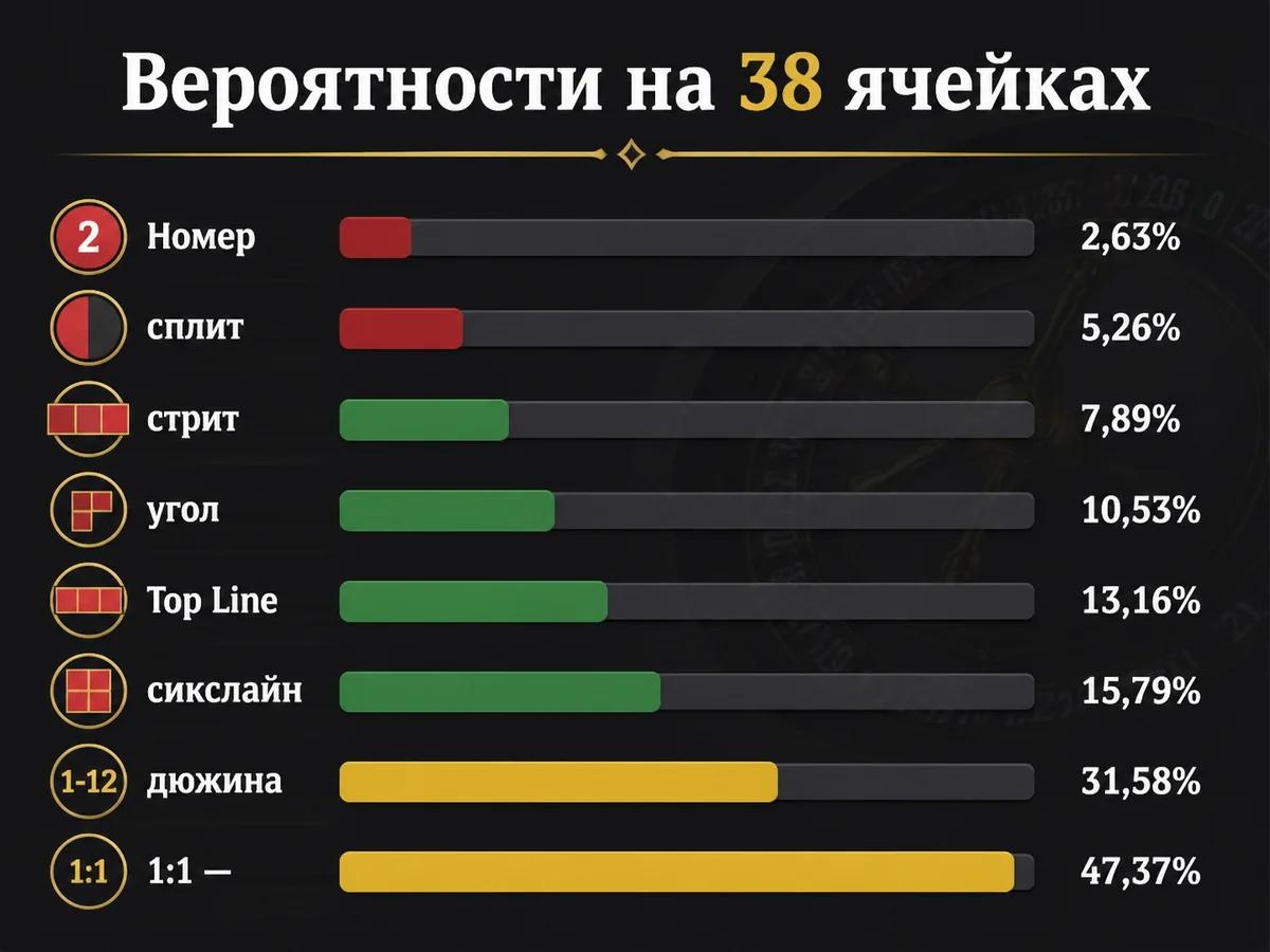 Номер 2,63%, сплит 5,26%, стрит 7,89%, угол 10,53%, Top Line 13,16%, сикслайн 15,79%, дюжина 31 — вероятности на 38 ячейках
