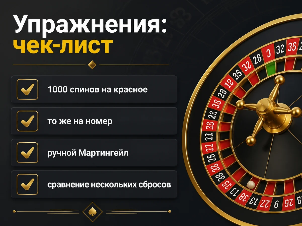 Чек-лист: 1000 спинов на красное, то же на номер, ручной Мартингейл, сравнение нескольких сбросов — упражнения