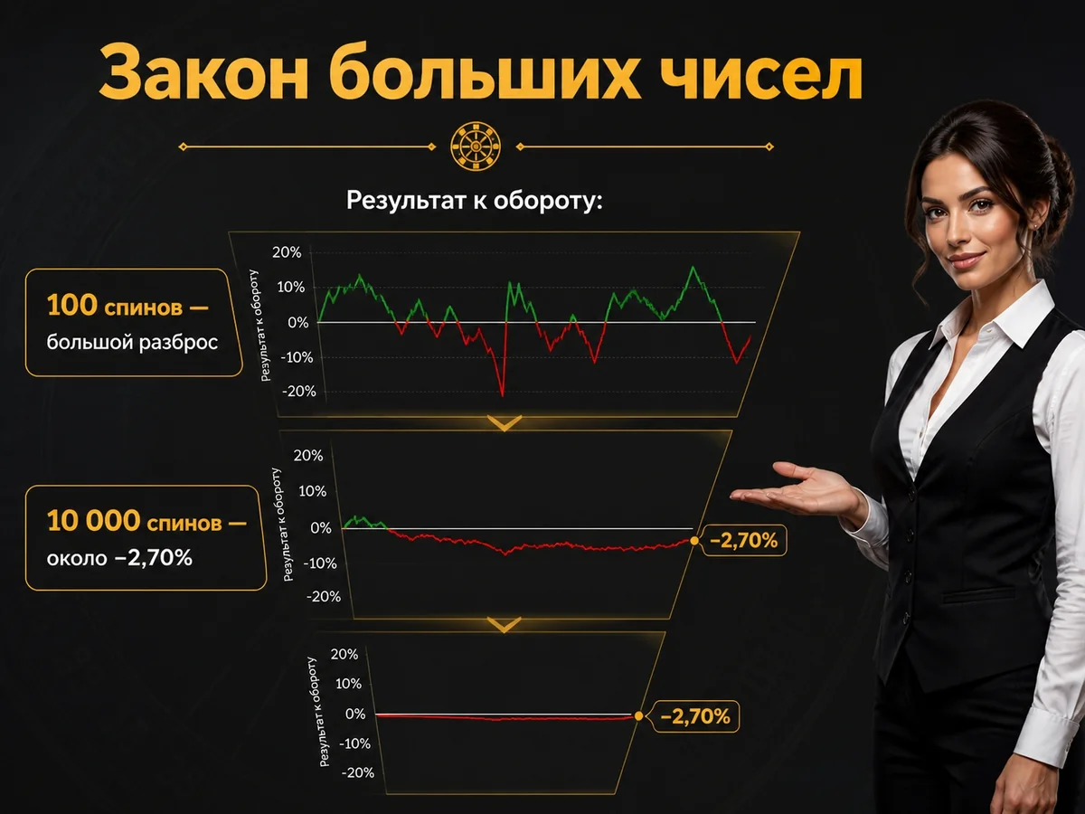 Результат к обороту: 100 спинов — большой разброс, 10 000 спинов — около −2,70% — закон больших чисел