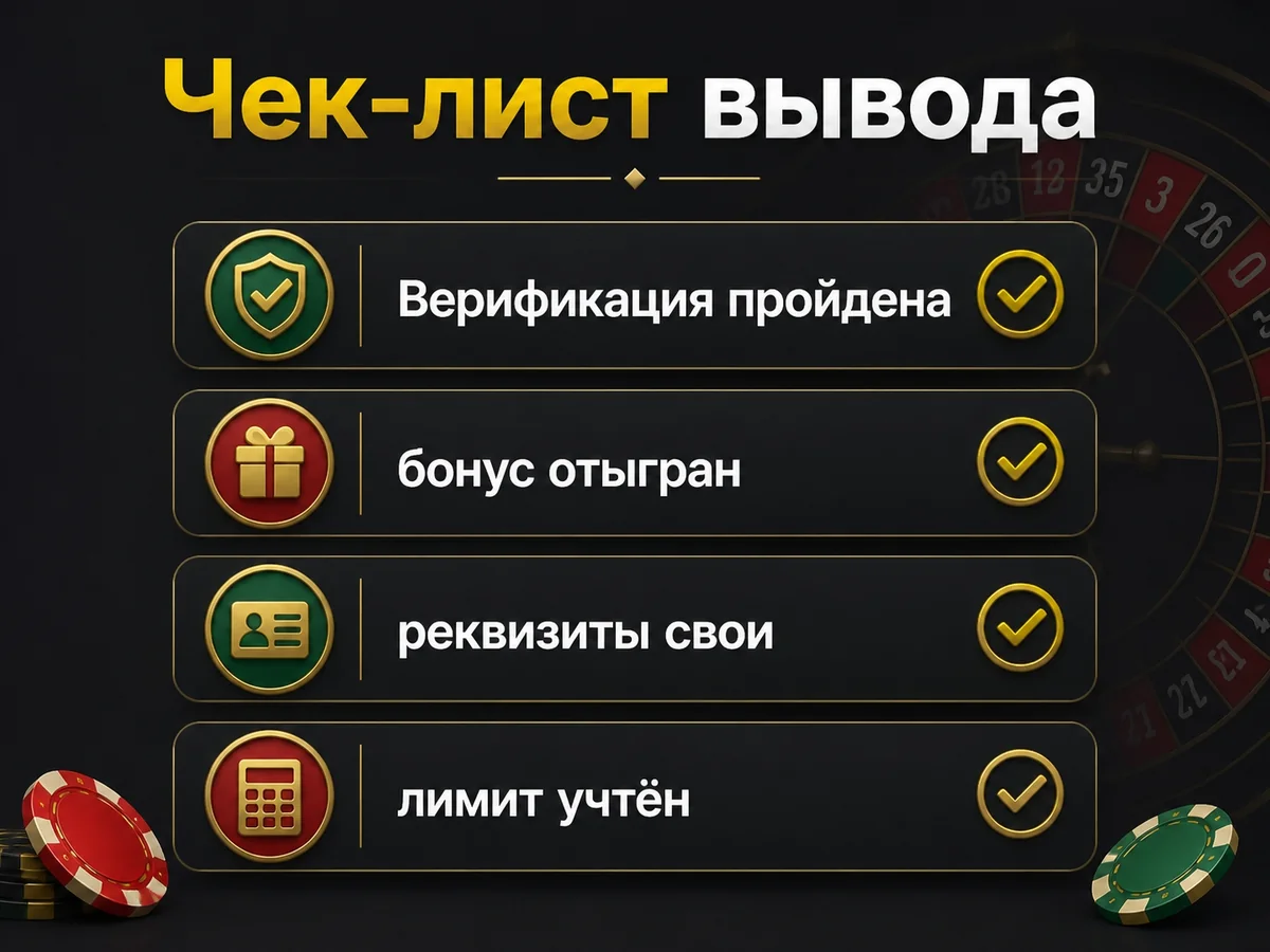 Верификация пройдена, бонус отыгран, реквизиты свои, лимит учтён — чек-лист вывода