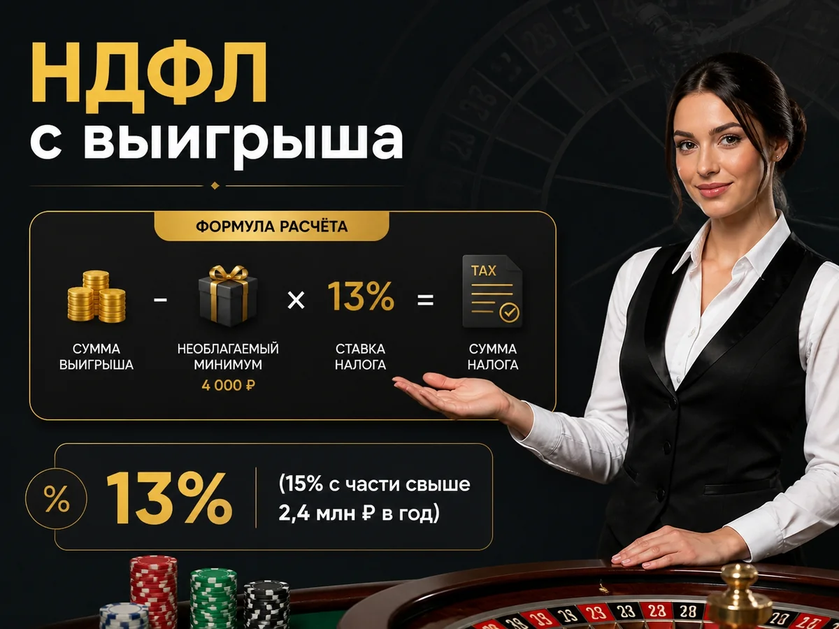 13%, с части дохода свыше 2,4 млн ₽ в год — 15% — НДФЛ с выигрыша
