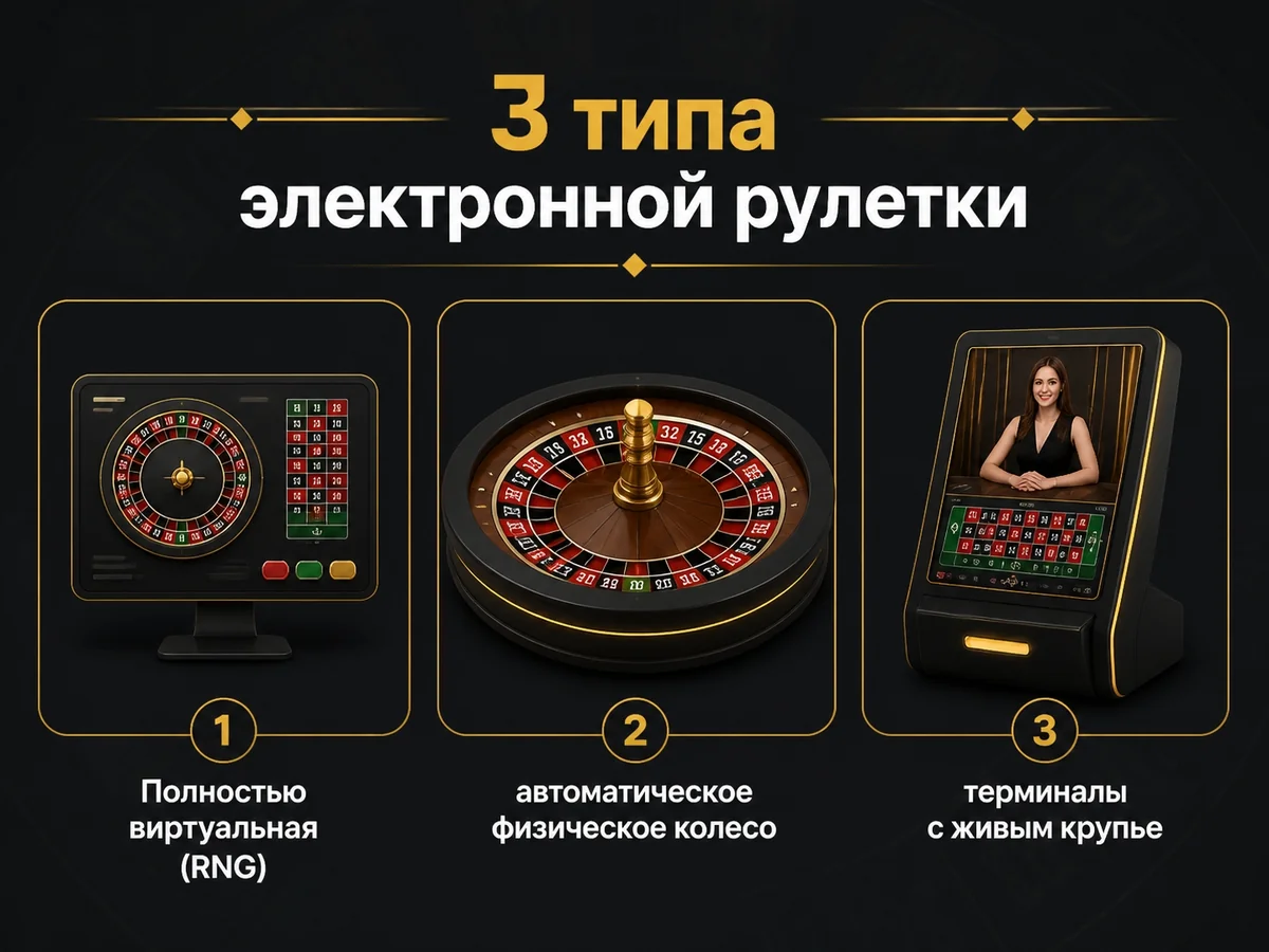 Полностью виртуальная, автоматическое физическое колесо, терминалы с живым крупье — 3 типа электронной рулетки