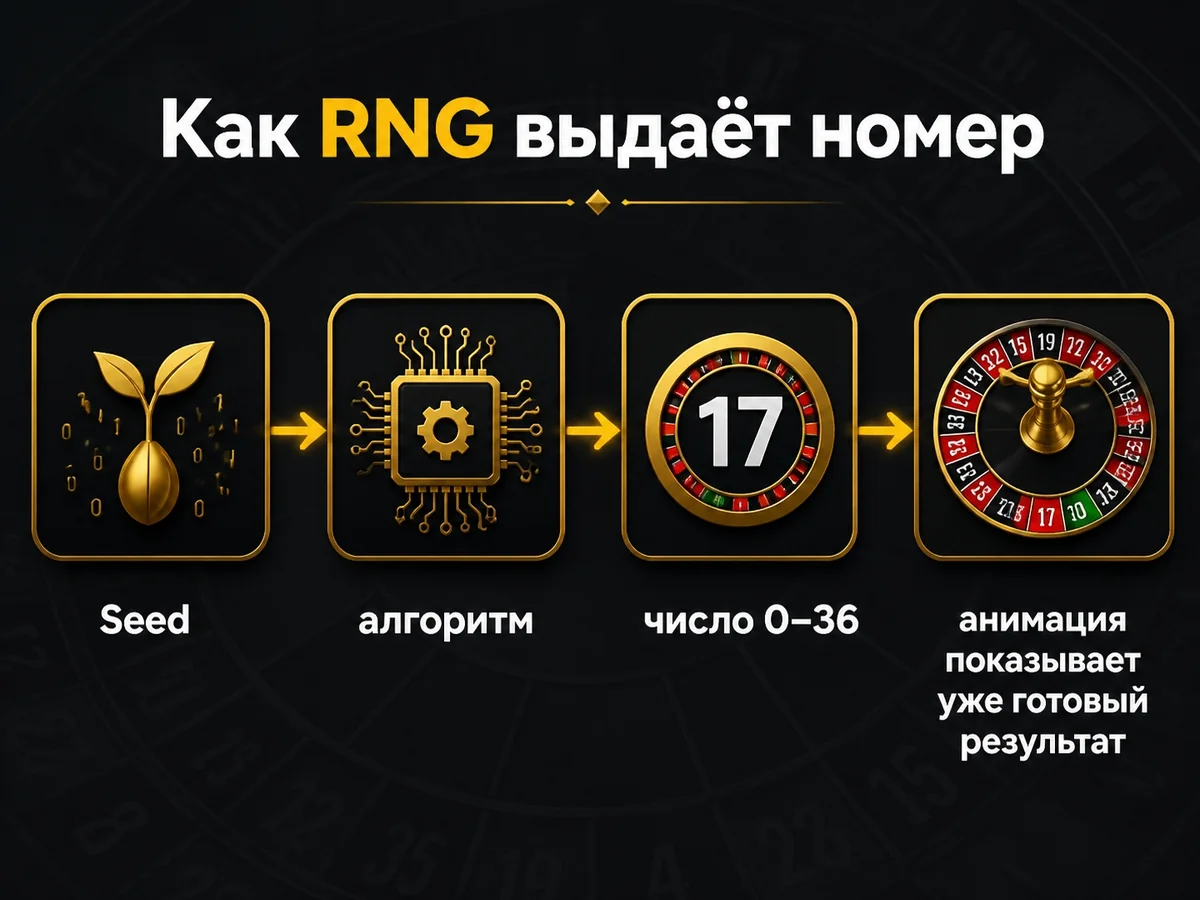 Seed — алгоритм — число 0–36 — анимация показывает уже готовый результат — как RNG выдаёт номер