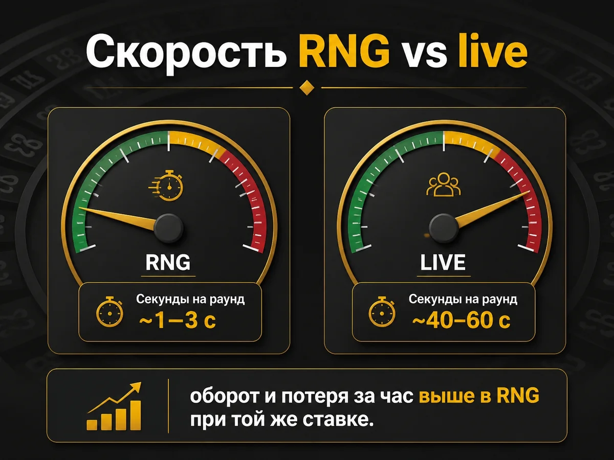 Секунды на раунд против ~40–60 с; оборот и потеря за час выше в RNG при той же ставке — скорость RNG vs live