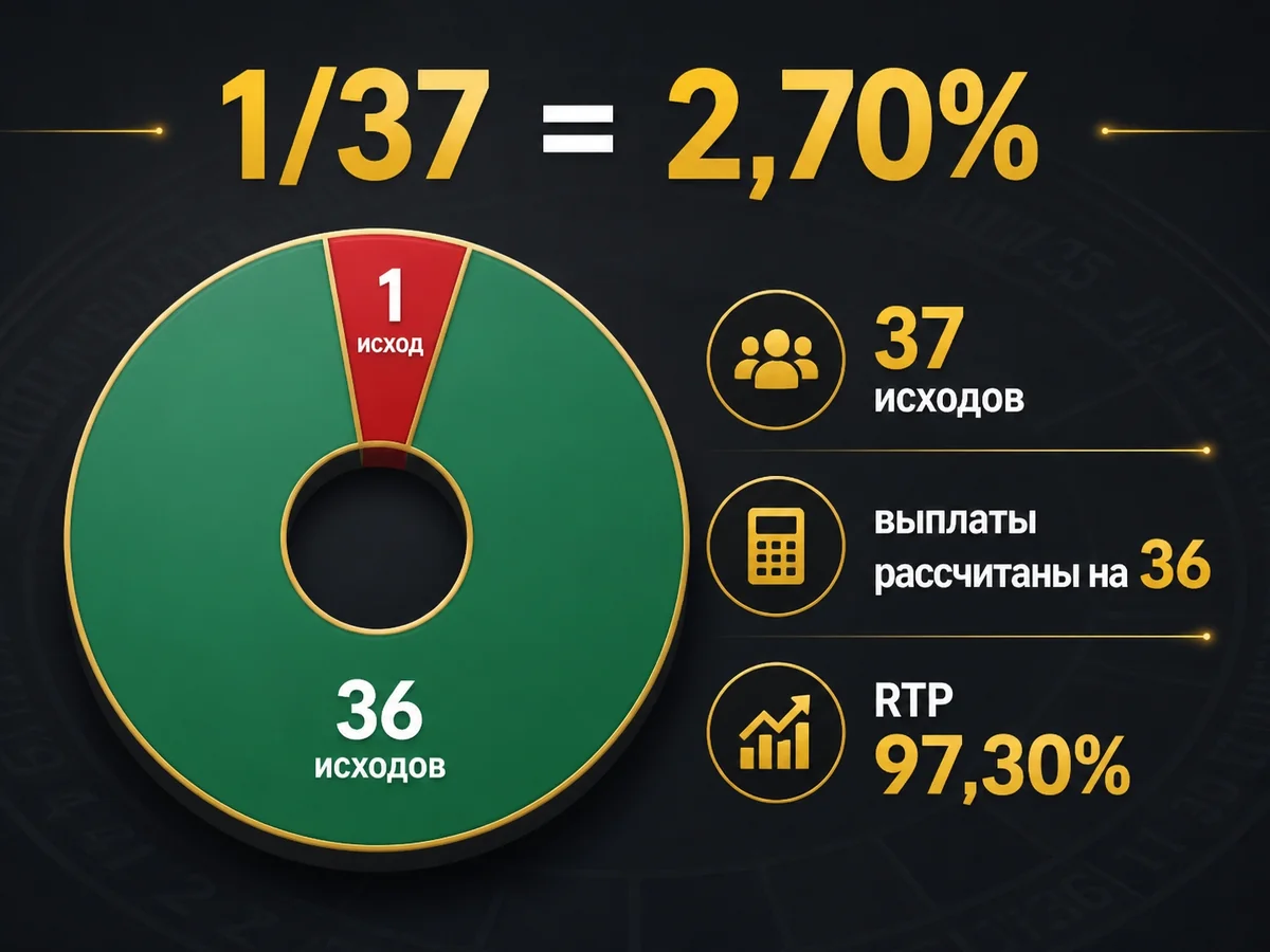 37 исходов, выплаты рассчитаны на 36. RTP 97,30% — 1/37 = 2,70%