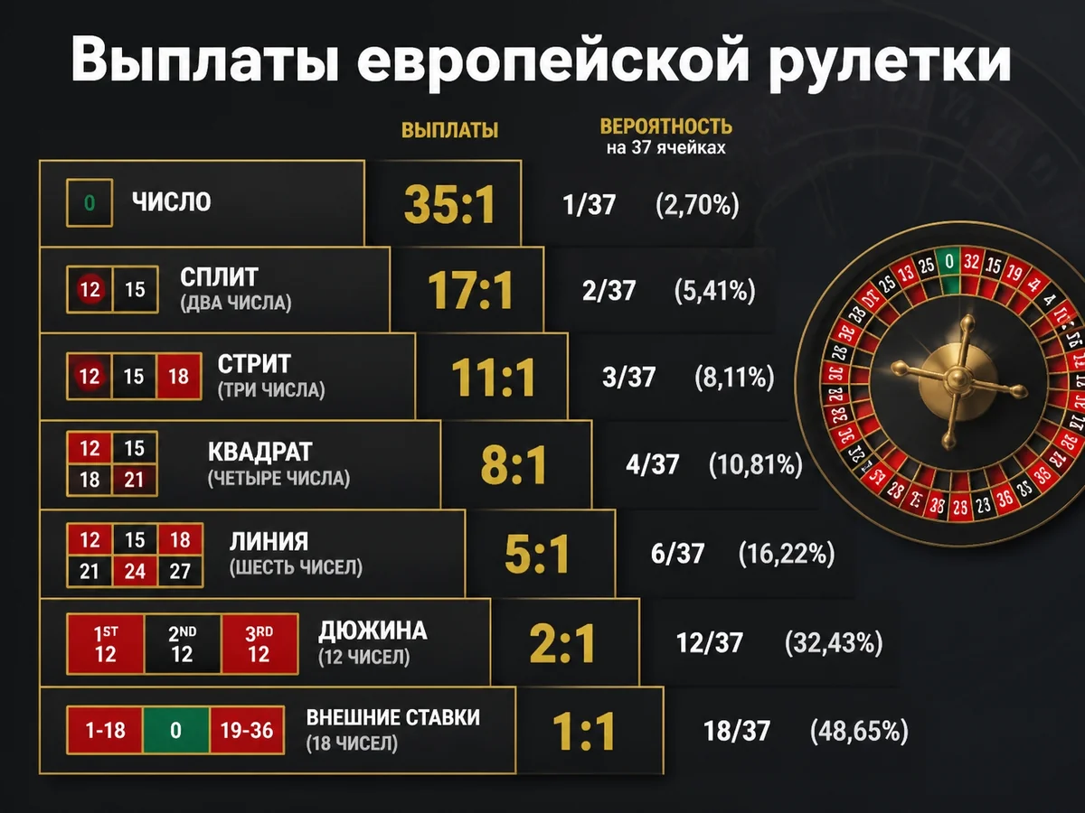 35:1, 17:1, 11:1, 8:1, 5:1, 2:1, 1:1 + вероятности на 37 ячейках — выплаты европейской рулетки