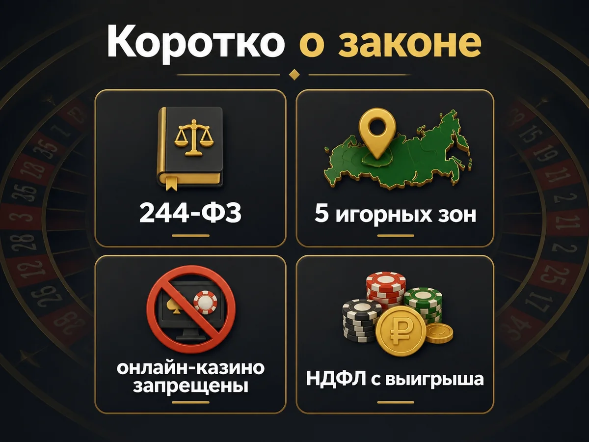 244-ФЗ, 5 игорных зон, онлайн-казино запрещены, НДФЛ с выигрыша — коротко о законе