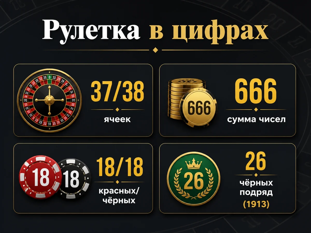 37/38 ячеек, сумма чисел 666, 18 красных/18 чёрных, рекорд 26 чёрных подряд — рулетка в цифрах