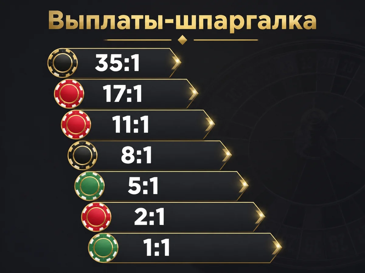 35:1, 17:1, 11:1, 8:1, 5:1, 2:1, 1:1 — выплаты-шпаргалка