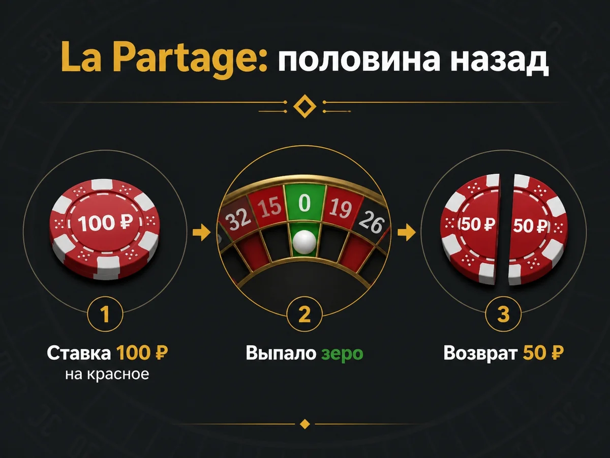 Половина назад: Ставка 100 ₽ на красное, выпало зеро — возврат 50 ₽ — la Partage