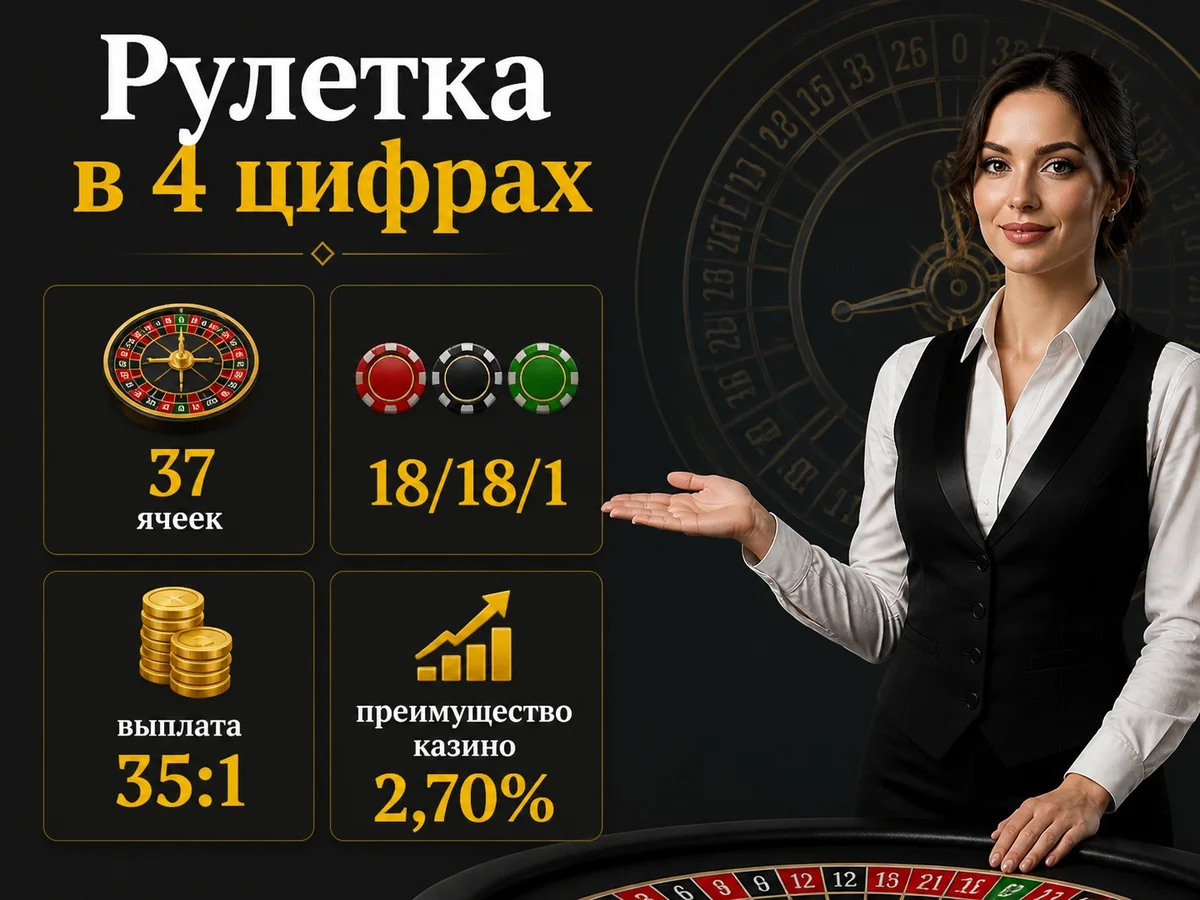 37 ячеек, 18/18/1, выплата 35:1, преимущество казино 2,70% — рулетка в 4 цифрах