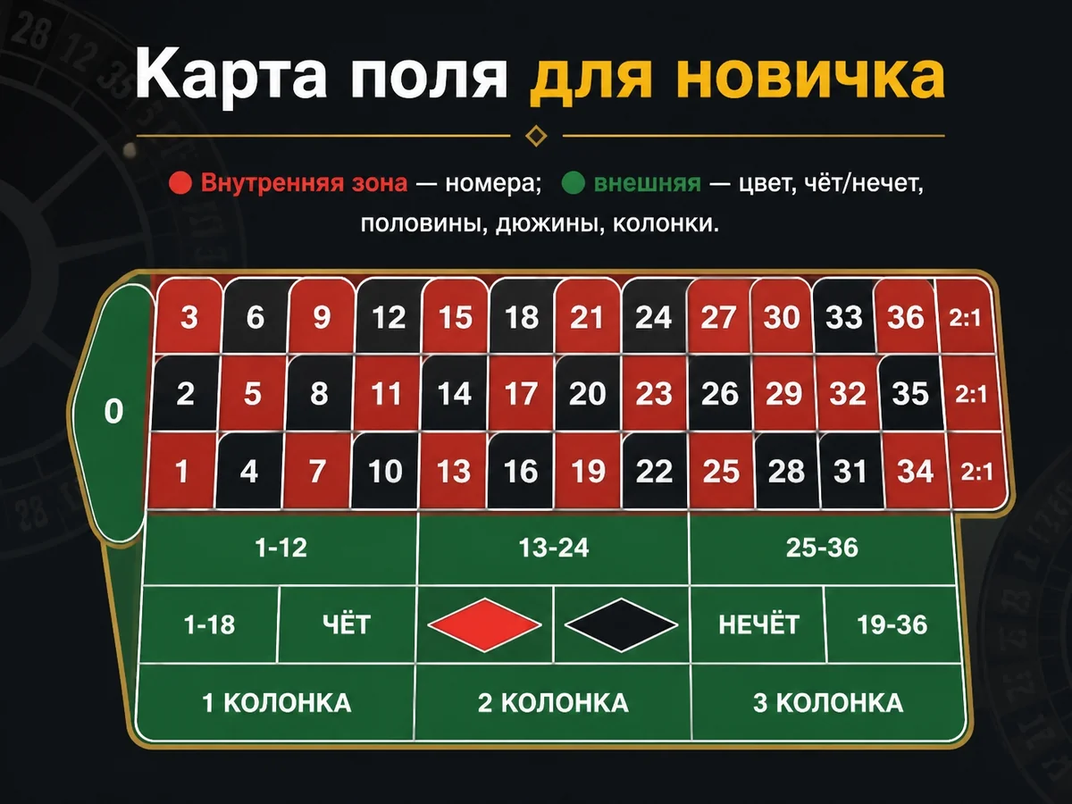 Внутренняя зона — номера; внешняя — цвет, чёт/нечет, половины, дюжины, колонки — карта поля для новичка