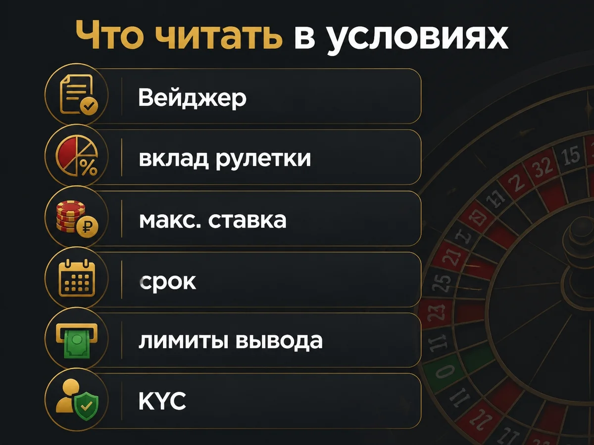 Вейджер, вклад рулетки, макс. ставка, срок, лимиты вывода, KYC — что читать в условиях