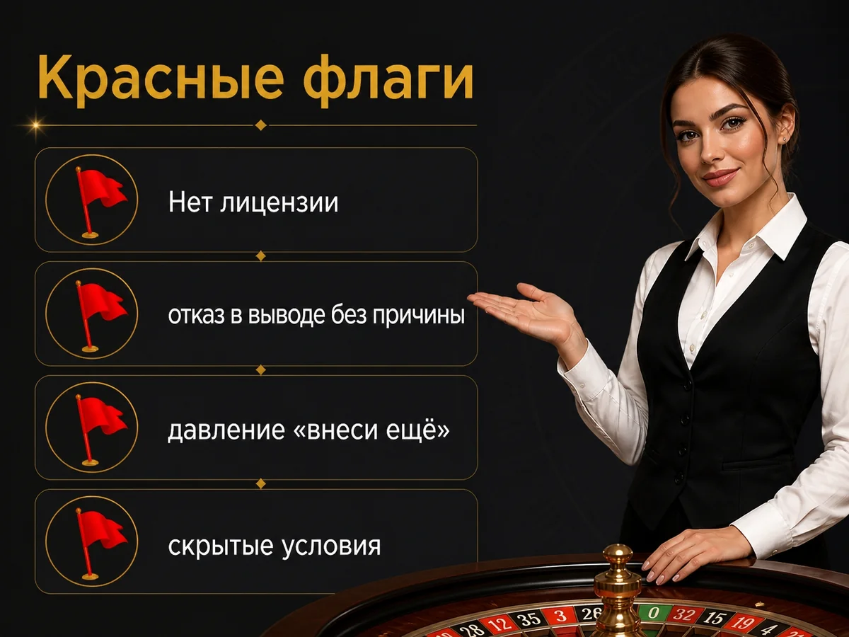 Нет лицензии, отказ в выводе без причины, давление «внеси ещё», скрытые условия — красные флаги