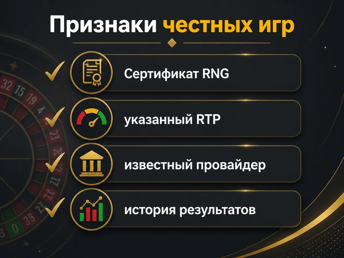 Сертификат RNG, указанный RTP, известный провайдер, история результатов — признаки честных игр