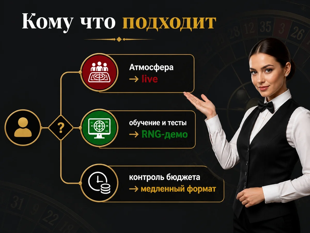 Атмосфера — live; обучение и тесты — RNG-демо; контроль бюджета — медленный формат — кому что подходит