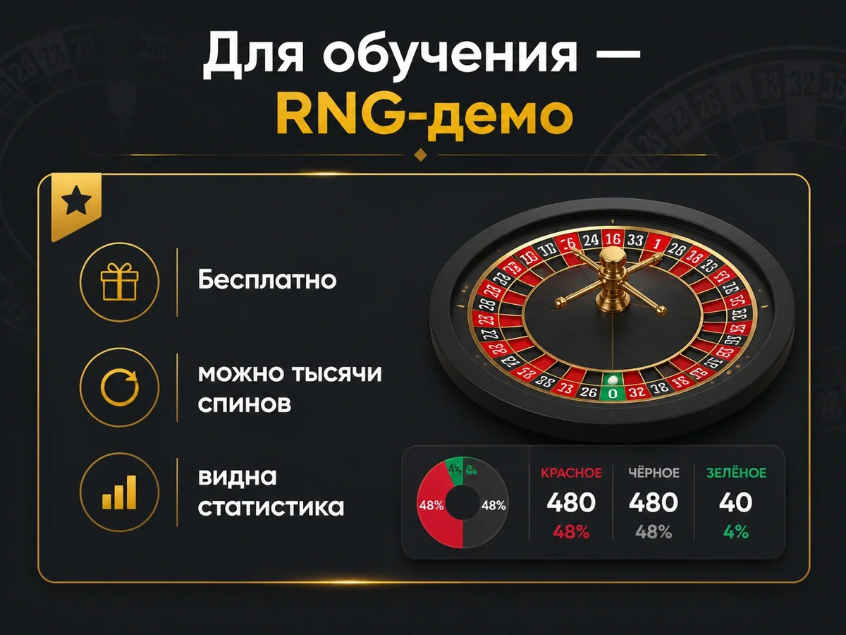 Бесплатно, можно тысячи спинов, видна статистика — для обучения — RNG-демо