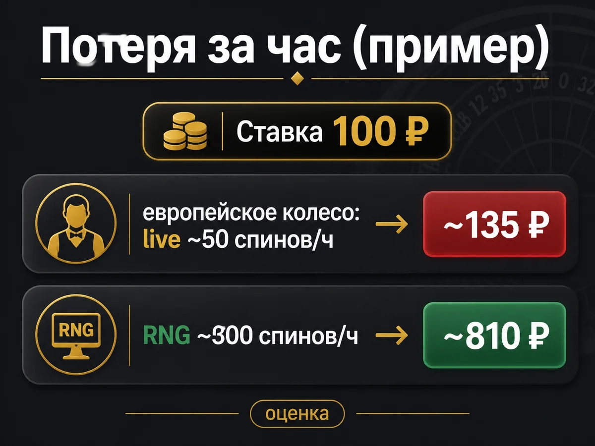 Ставка 100 ₽, европейское колесо: live ~50 спинов/ч — ~135 ₽; RNG ~300 спинов/ч — ~810 ₽ — потеря за час (пример)