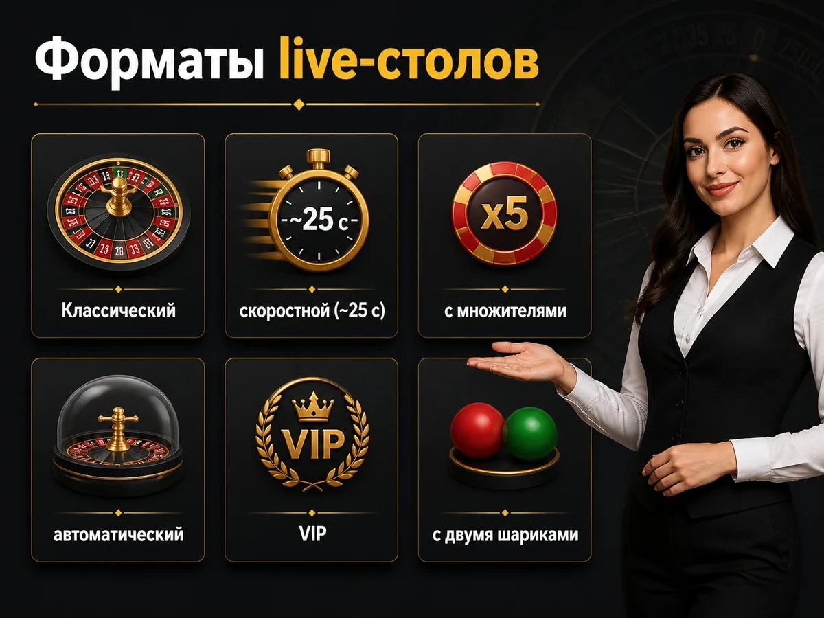 Классический, скоростной, с множителями, автоматический, VIP, с двумя шариками — форматы live-столов