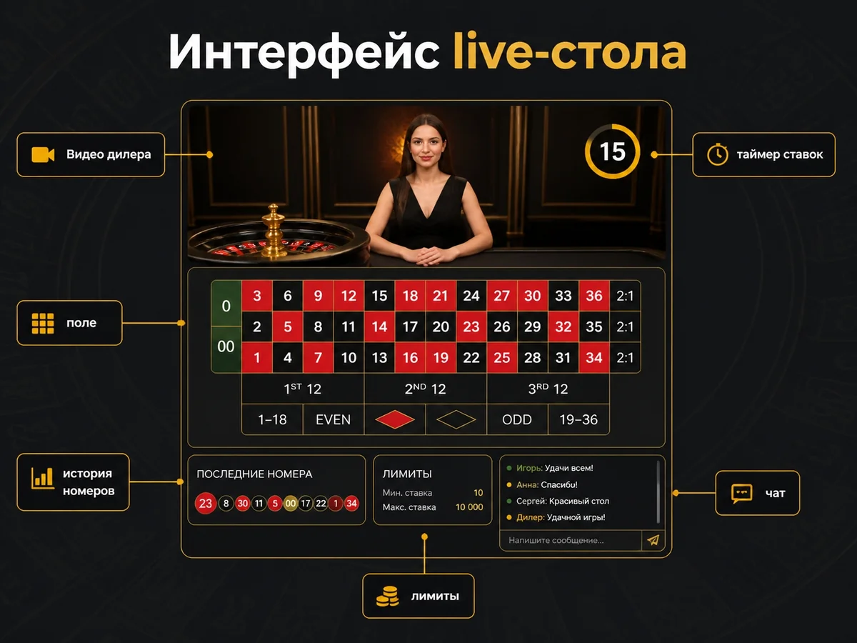 Видео дилера, таймер ставок, поле, история номеров, лимиты, чат — интерфейс live-стола