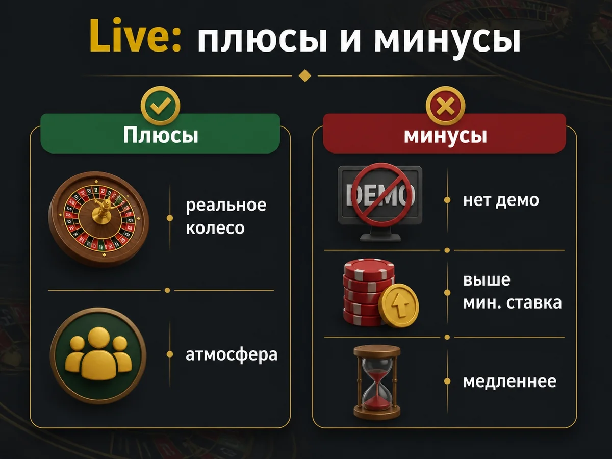 Плюсы и минусы: Плюсы: реальное колесо, атмосфера, минусы: нет демо, выше мин. ставка, медленнее — live