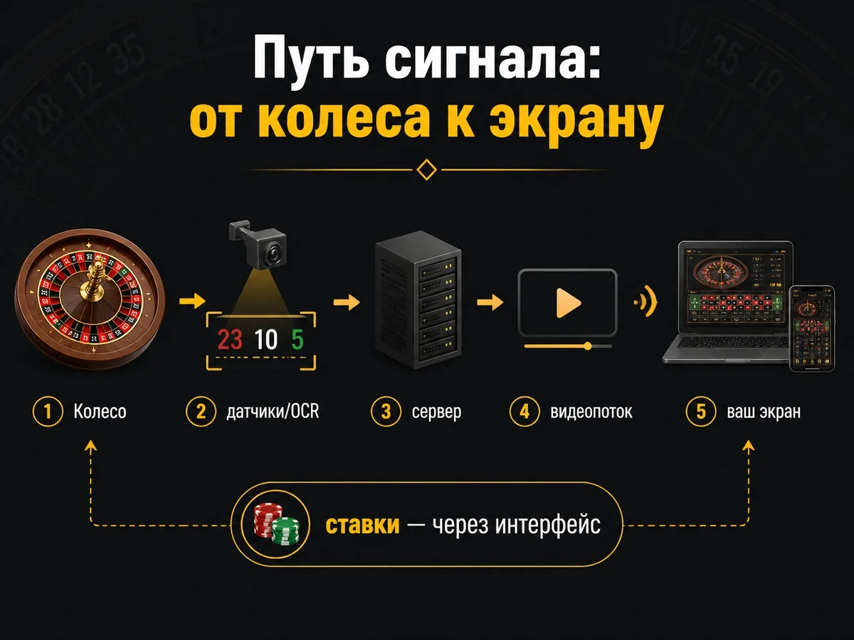 От колеса к экрану: Колесо — датчики/OCR — сервер — видеопоток — ваш экран; ставки — через интерфейс — путь сигнала