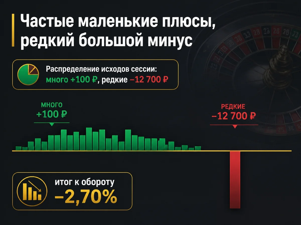 Распределение исходов сессии: много +100 ₽, редкие −12 700 ₽ — частые маленькие плюсы, редкий большой минус