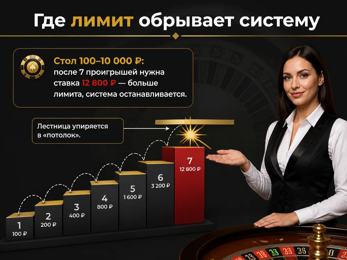 Стол 100–10 000 ₽: после 7 проигрышей нужна ставка 12 800 ₽ — больше лимита — где лимит обрывает систему