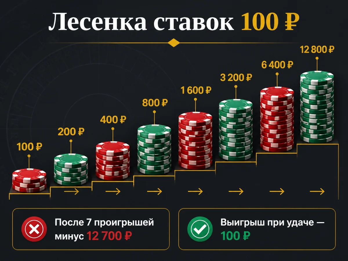 100 — 200 — 400 — 800 — 1 600 — 3 200 — 6 400 — 12 800 ₽. После 7 проигрышей минус 12 700 ₽ — лесенка ставок 100 ₽