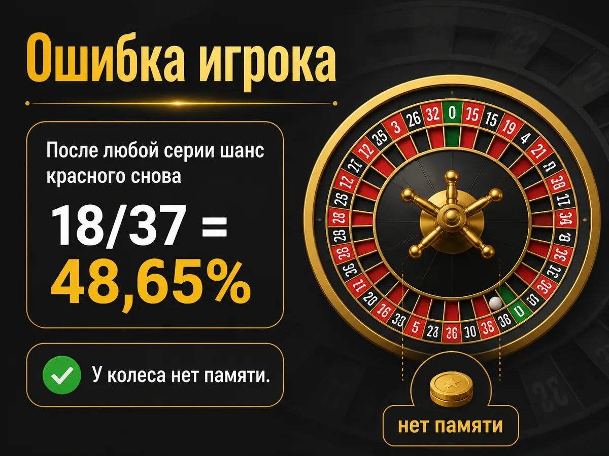 После любой серии шанс красного снова 18/37 = 48,65%. У колеса нет памяти — ошибка игрока