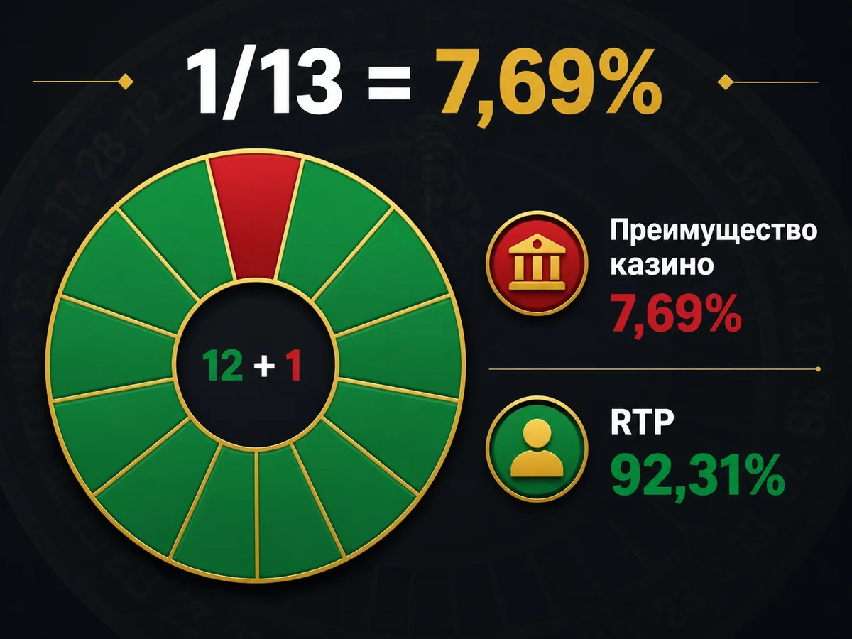 Преимущество казино 7,69%, RTP 92,31% — 1/13 = 7,69%