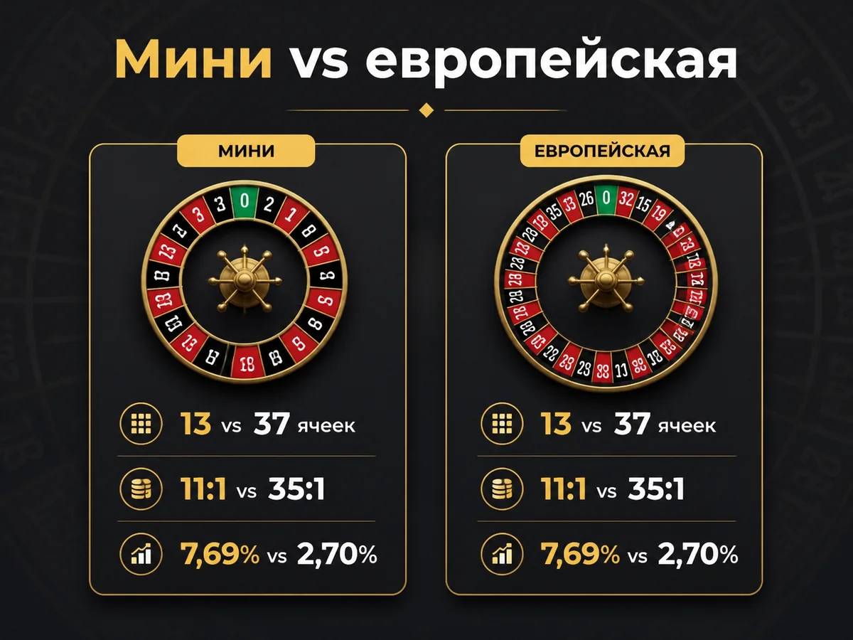 13 vs 37 ячеек, 11:1 vs 35:1, 7,69% vs 2,70% — мини vs европейская