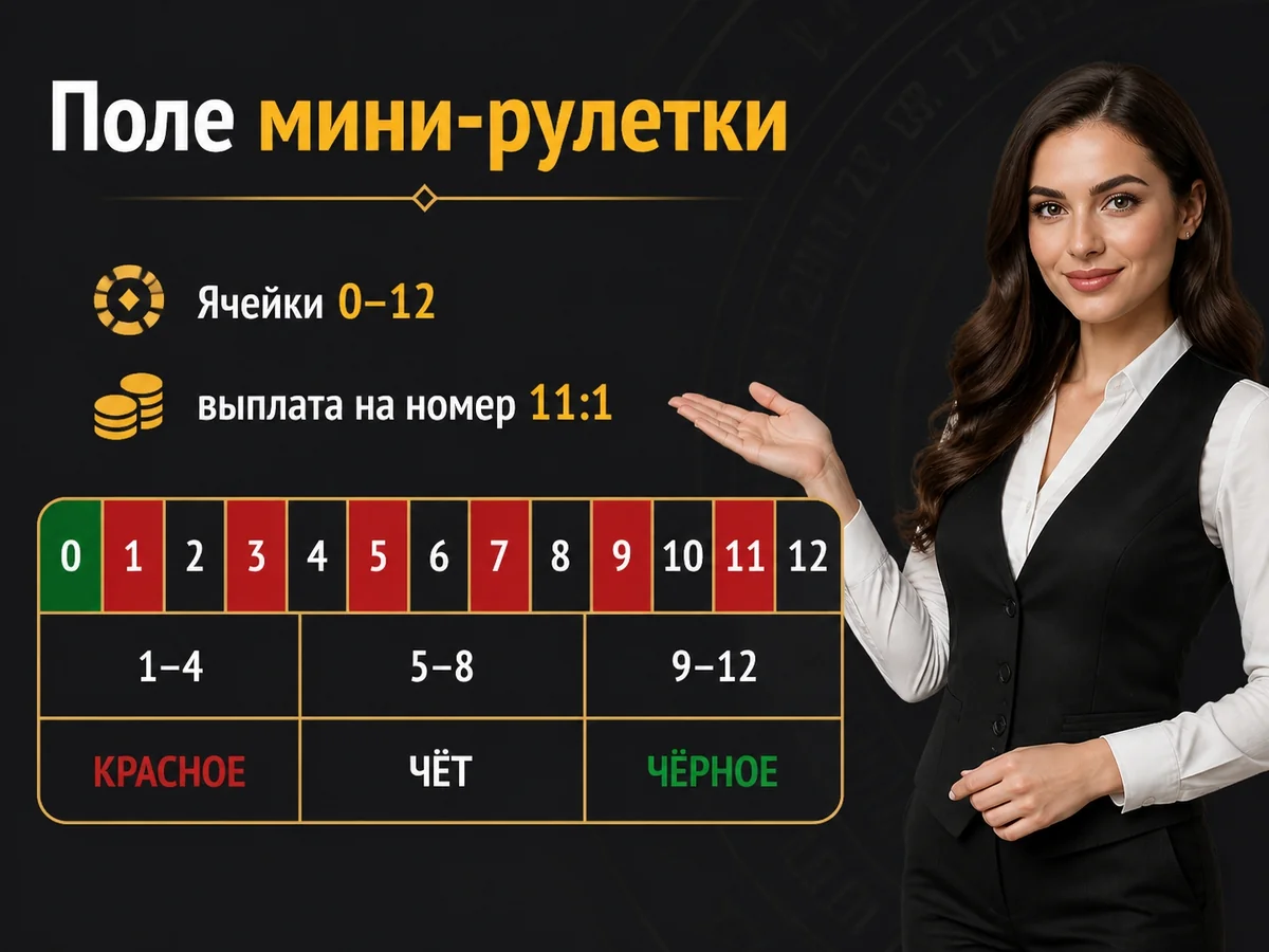 Ячейки 0–12, выплата на номер 11:1 — поле мини-рулетки