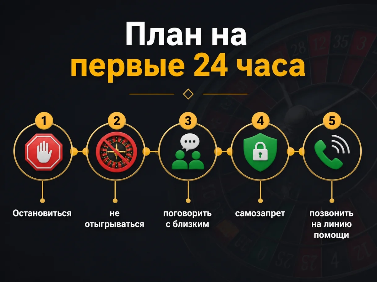 Остановиться — не отыгрываться — поговорить с близким — самозапрет — позвонить на линию помощи — план на первые 24 часа