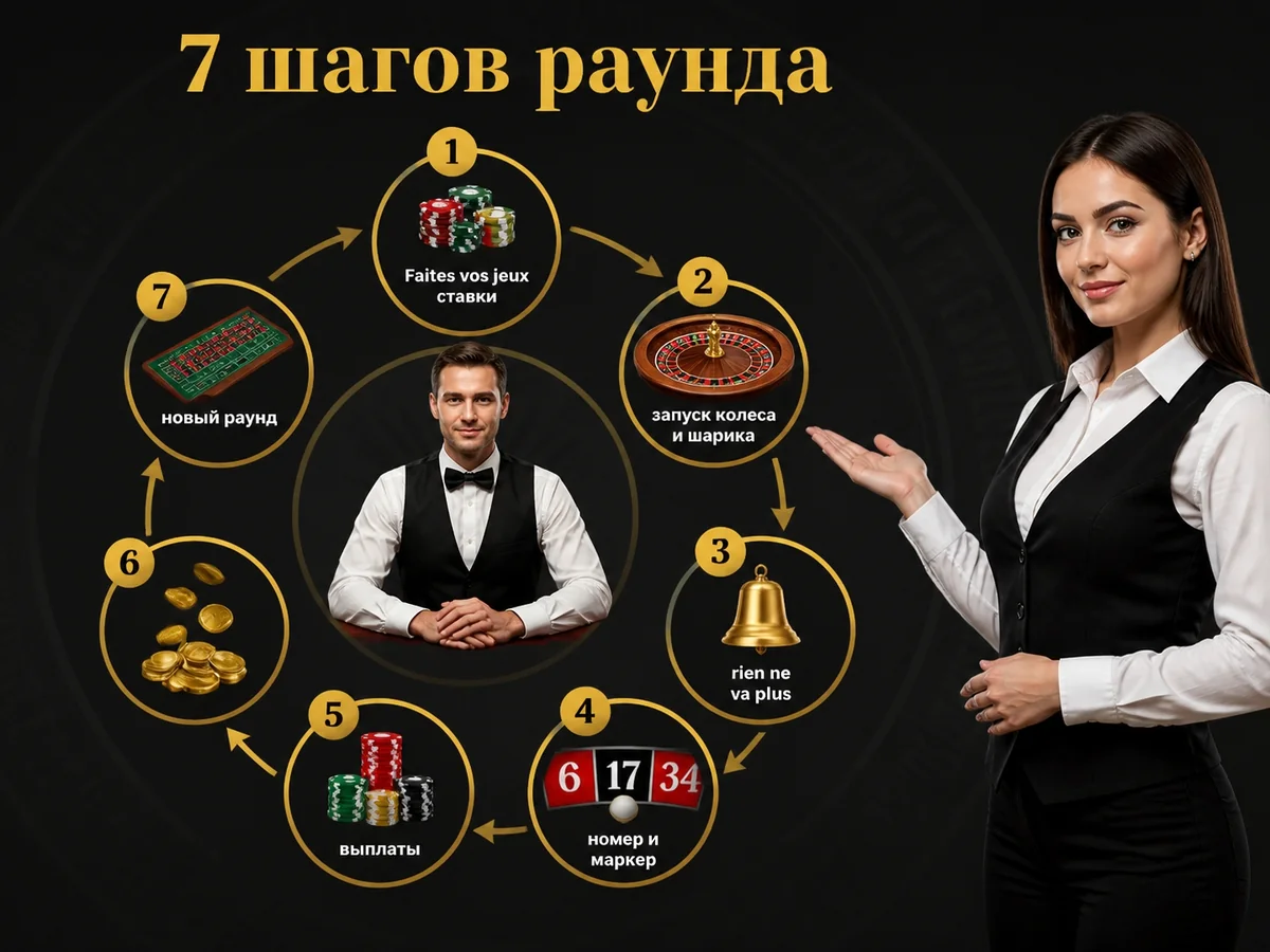 Faites vos jeux — ставки — запуск колеса и шарика — rien ne va plus — номер и маркер — выплаты — новый раунд — 7 шагов раунда