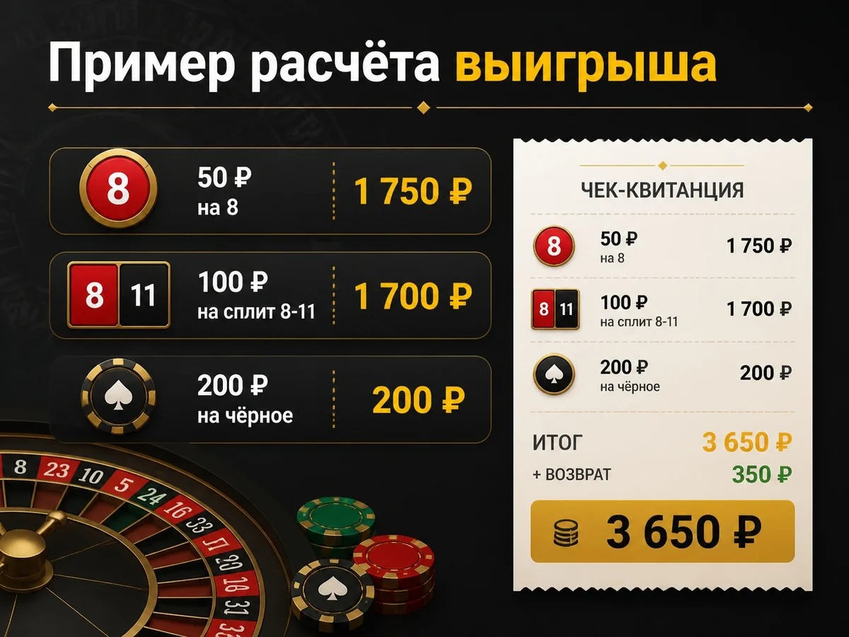 50 ₽ на 8 — 1 750 ₽; 100 ₽ на сплит 8-11 — 1 700 ₽; 200 ₽ на чёрное — 200 ₽ — пример расчёта выигрыша