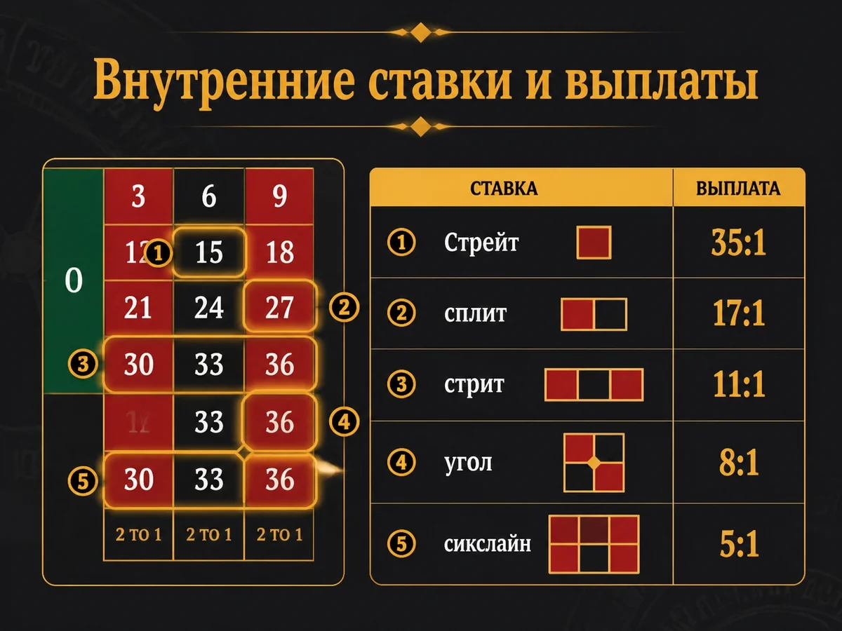Стрейт 35:1, сплит 17:1, стрит 11:1, угол 8:1, сикслайн 5:1 — внутренние ставки и выплаты