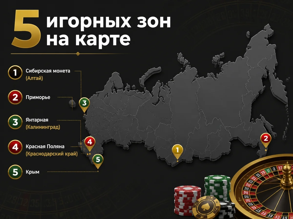 Сибирская монета, Приморье, Янтарная, Красная Поляна, Крым — 5 игорных зон на карте