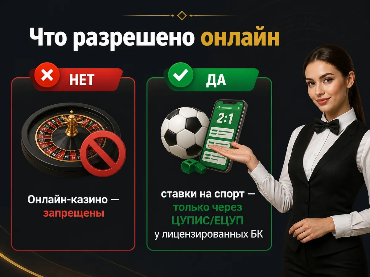 Онлайн-казино — запрещены, ставки на спорт — только через ЦУПИС/ЕЦУП у лицензированных БК — что разрешено онлайн