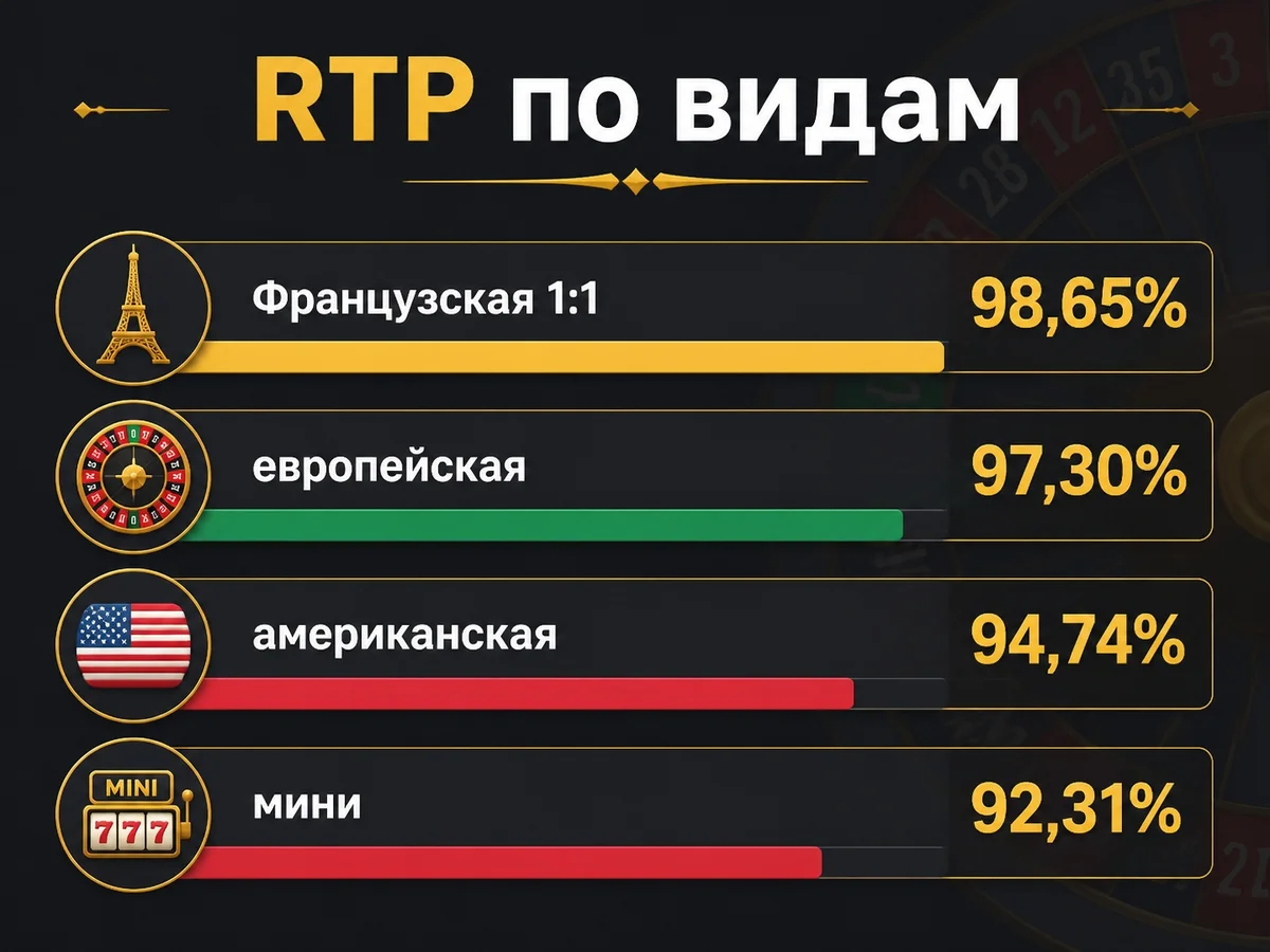 Французская 1:1 — 98,65%, европейская 97,30%, американская 94,74%, мини 92,31% — RTP по видам