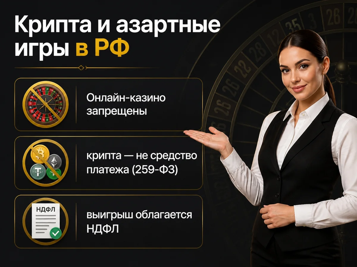 Онлайн-казино запрещены; крипта — не средство платежа; выигрыш облагается НДФЛ — крипта и азартные игры в РФ
