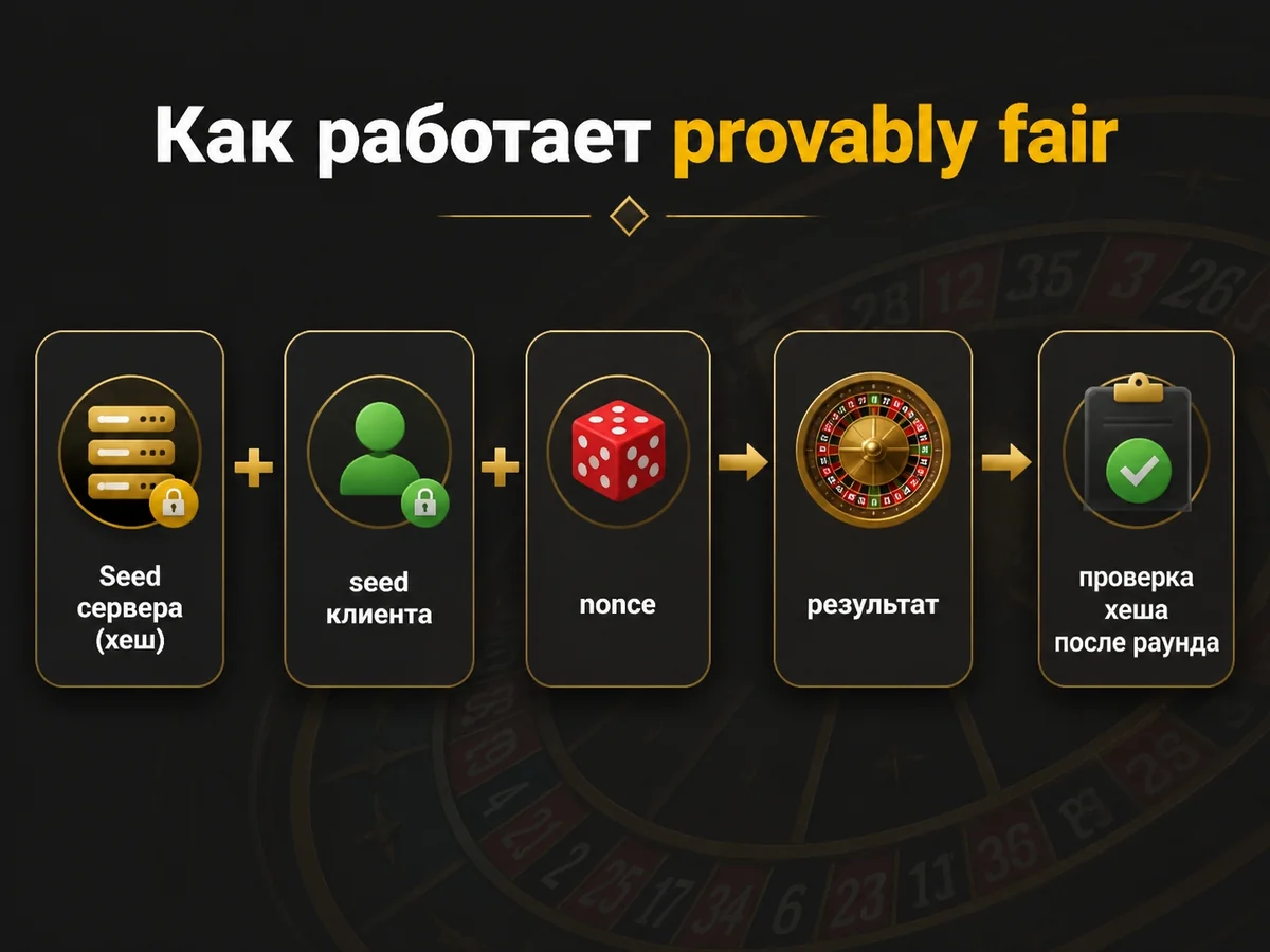 Seed сервера + seed клиента + nonce — результат — проверка хеша после раунда — как работает provably fair