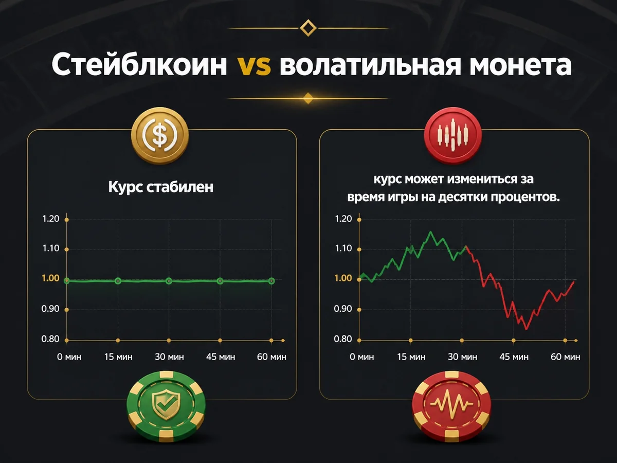 Курс стабилен vs курс может измениться за время игры на десятки процентов — стейблкоин vs волатильная монета
