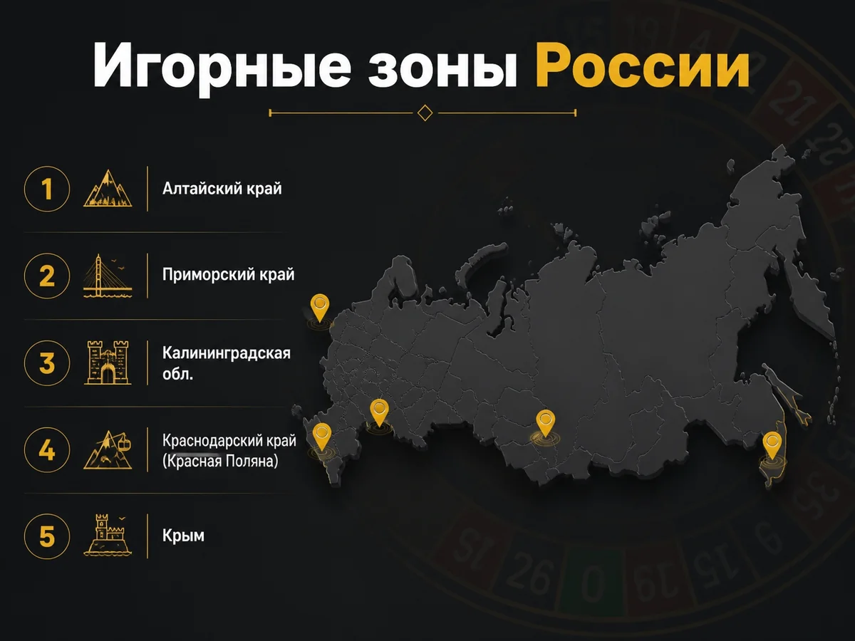 Алтайский край, Приморский край, Калининградская обл., Краснодарский край, Крым — игорные зоны России