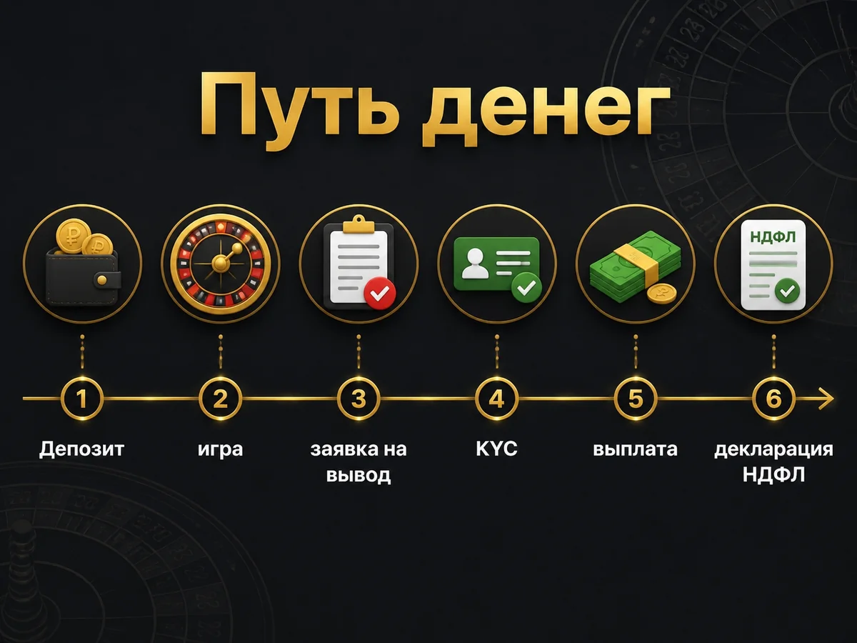 Депозит — игра — заявка на вывод — KYC — выплата — декларация НДФЛ — путь денег