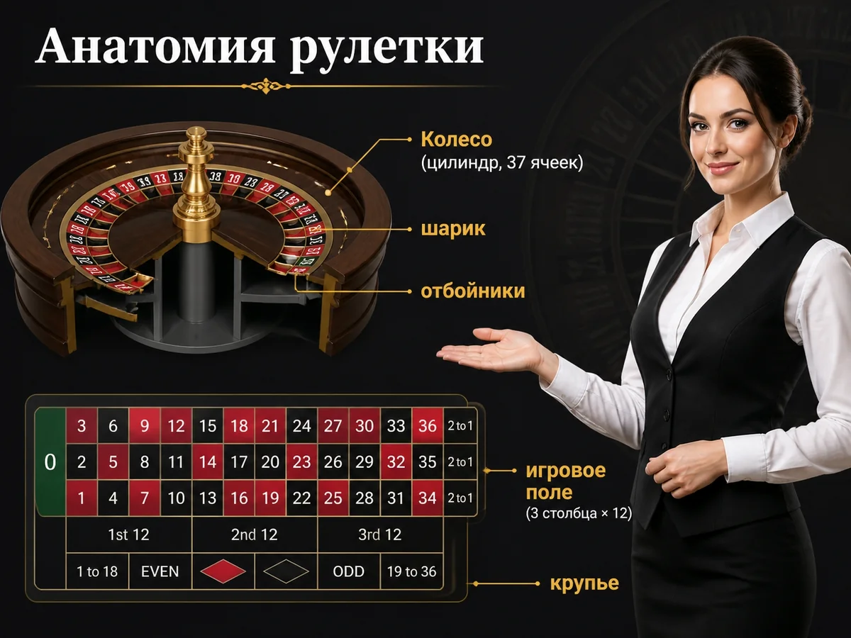 Колесо, шарик, отбойники, игровое поле, крупье — анатомия рулетки