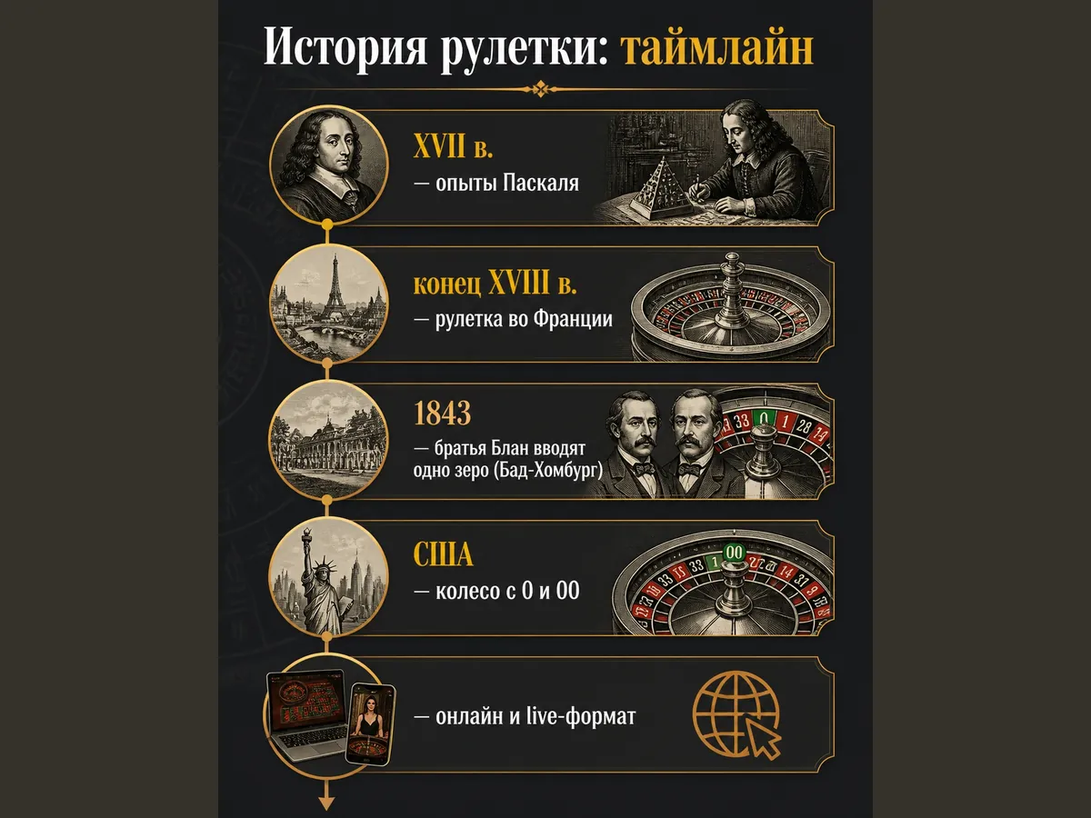 Таймлайн: XVII в. — опыты Паскаля, конец XVIII в. — рулетка во Франции, 1843 — братья Блан вводят одно зеро — история рулетки