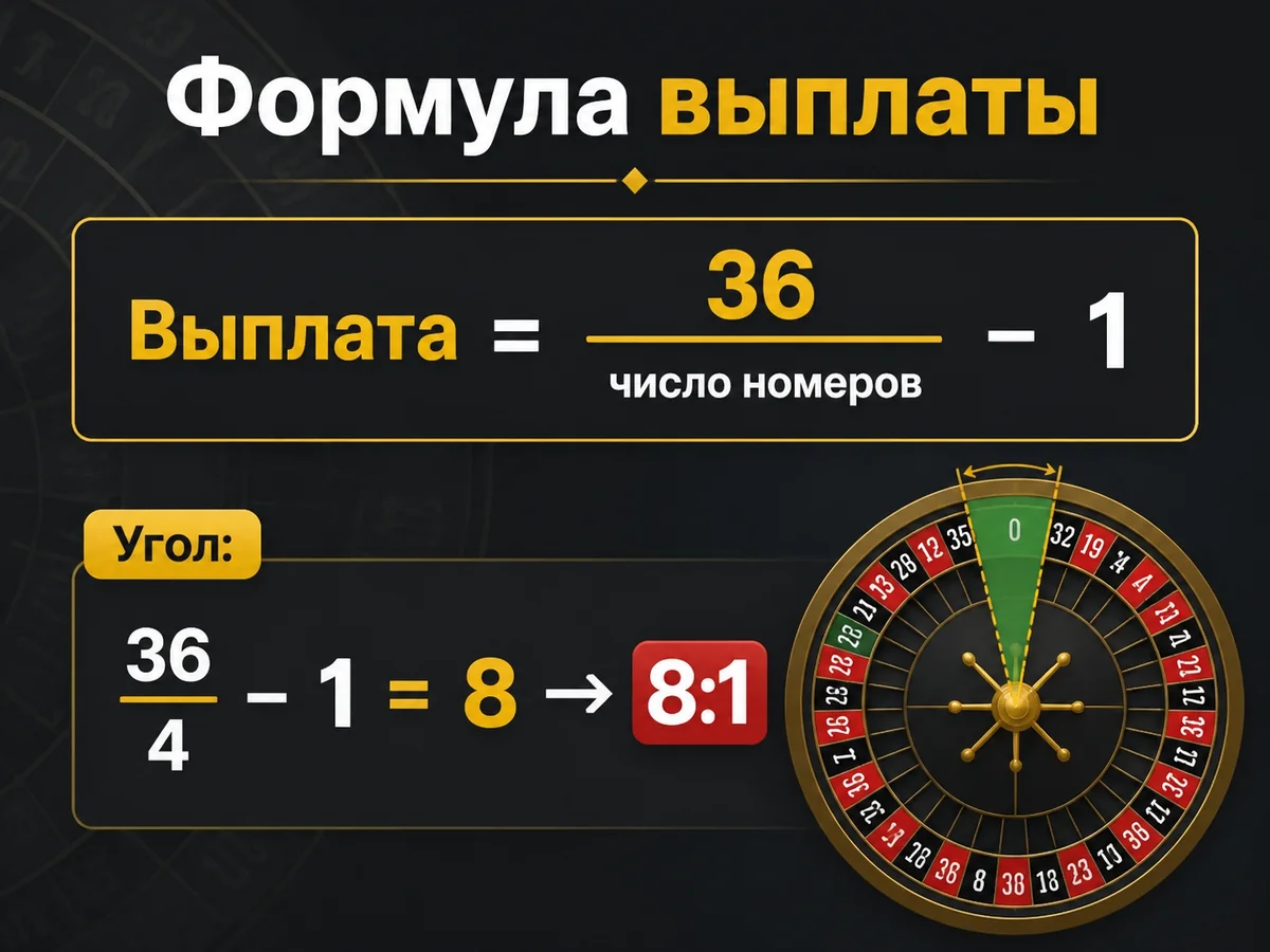 Выплата = 36 / число номеров − 1. Угол: 36/4 − 1 = 8 — 8:1 — формула выплаты